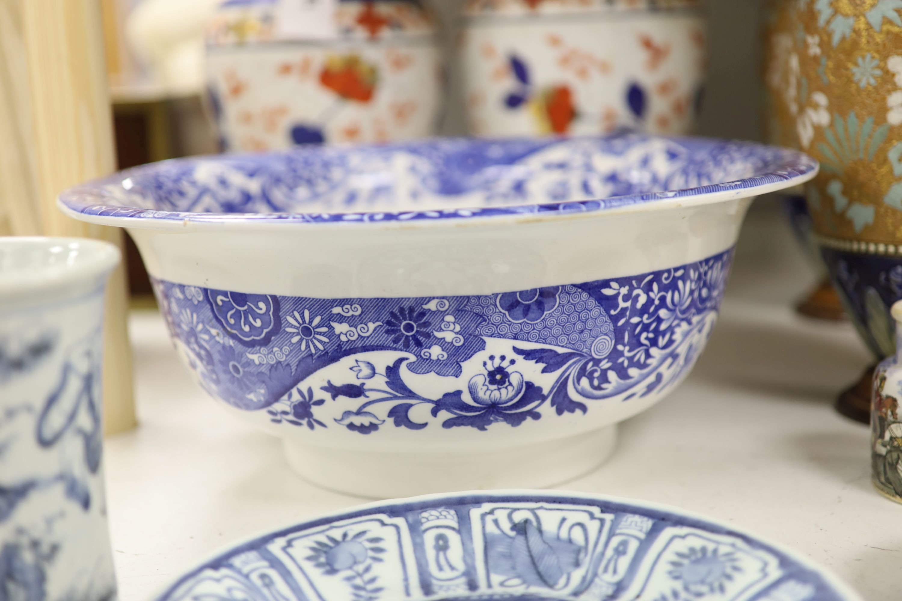 A pair of French Imari patterned vases, a blue and white Spode Italian bowl, diameter 36cm, etc.